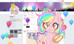 Size: 1605x950 | Tagged: safe, artist:hawthornss, imported from derpibooru, party favor, oc, oc only, oc:paper stars, bat pony, pony, :3, balloon, birthday, clothes, cute, ear fluff, female, lidded eyes, looking at you, mare, meta, mouth hold, party horn, sailor moon, smiling, socks, solo, sparkles, starry eyes, text, twitter, wingding eyes