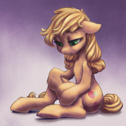 Size: 1500x1500 | Tagged: safe, artist:chromaskunk, artist:verulence, imported from derpibooru, applejack, earth pony, pony, collaboration, female, gradient background, looking down, mare, sad, solo
