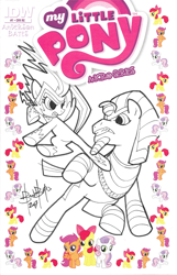 Size: 1200x1863 | Tagged: safe, artist:ben bates, imported from derpibooru, apple bloom, pharaoh phetlock, scootaloo, sweetie belle, zapp, earth pony, pegasus, pony, unicorn, black and white, comic cover, commission, cover, cutie mark crusaders, duo, grayscale, kicking, monochrome, power ponies, traditional art