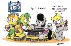 Size: 2188x1410 | Tagged: safe, artist:bobthedalek, imported from derpibooru, oc, oc only, oc:mixed melody, oc:octavia's father, oc:octavia's mother, oc:ostinato melody, earth pony, pony, arm wrestling, cocktail, pub, sign, traditional art