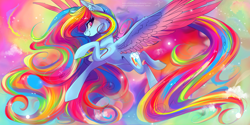 Size: 3464x1732 | Tagged: safe, artist:wilvarin-liadon, imported from derpibooru, rainbow dash, alicorn, pegasus, pony, color porn, female, long mane, long tail, looking back, mare, multicolored hair, smiling, solo, spread wings, wings