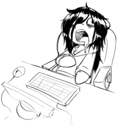 Size: 438x472 | Tagged: safe, artist:whydomenhavenipples, imported from derpibooru, oc, oc only, oc:floor bored, earth pony, pony, chest fluff, clothes, computer, computer mouse, cute, drool, female, grayscale, heart attack, hnnng, hoodie, mare, monochrome, open mouth, reaction image, solo