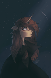 Size: 2193x3327 | Tagged: safe, artist:orfartina, imported from derpibooru, oc, oc only, oc:orfartina, pony, unicorn, bust, cloak, clothes, coat, female, looking up, mare, night, portrait, smiling, solo, starry night, stars