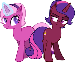 Size: 7638x6332 | Tagged: safe, artist:illumnious, imported from derpibooru, oc, oc only, oc:aura midnight, oc:flares midnight, pony, unicorn, absurd resolution, female, freckles, headband, mare, simple background, smiling, transparent background, vector