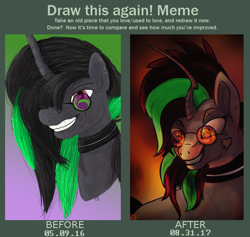 Size: 784x744 | Tagged: safe, artist:overlord pony, imported from derpibooru, oc, oc only, oc:brokenbones, pony, unicorn, collar, curved horn, draw this again, female, glasses, progress, solo