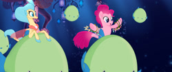 Size: 1920x804 | Tagged: safe, imported from derpibooru, screencap, pinkie pie, princess skystar, fish, seapony (g4), my little pony: the movie, jewelry, necklace, seaponified, seapony pinkie pie, seaquestria, seashell necklace, species swap