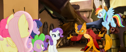 Size: 1920x804 | Tagged: safe, imported from derpibooru, screencap, capper dapperpaws, fluttershy, pinkie pie, rainbow dash, rarity, spike, twilight sparkle, abyssinian, alicorn, anthro, cat, dragon, pony, my little pony: the movie, butt, chest fluff, clothes, female, male, mare, plot, twilight sparkle (alicorn)