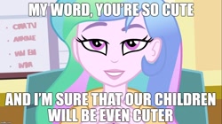 Size: 1100x618 | Tagged: safe, edit, edited screencap, imported from derpibooru, screencap, princess celestia, equestria girls, bronybait, caption, image macro, implied impregnation, implied sex, meme, odd pickup line, principal celestia, principal flirtatia, seduction, seductive, subtle as a train wreck, wants your children