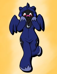 Size: 989x1280 | Tagged: safe, artist:immelmann, imported from derpibooru, princess luna, oc, oc:vira, anthro, dragon, hybrid, wolf, blushing, chibi, clothes, commission, cosplay, costume, cute, furry, hood, kigurumi, non-pony oc, simple background, wings