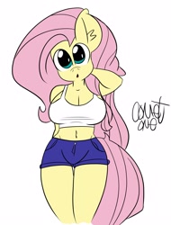 Size: 1899x2500 | Tagged: safe, artist:comet0ne, imported from derpibooru, fluttershy, anthro, arm behind head, breasts, busty fluttershy, clothes, curvy, digital art, female, shorts, sketch, tanktop