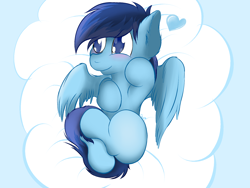 Size: 1600x1200 | Tagged: safe, artist:cloufy, imported from derpibooru, oc, oc only, oc:cloufy, pegasus, pony, blue background, blue eyes, blushing, cloud, simple background, smiling, solo, wings