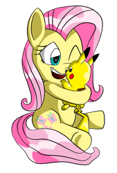 Size: 3495x5168 | Tagged: safe, artist:sergeant16bit, imported from derpibooru, fluttershy, pikachu, absurd resolution, crossover, digital, female, hard shade, hug, one eye closed, pokémon, redo, simple background, transparent background