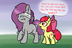 Size: 3000x2000 | Tagged: safe, artist:yakoshi, imported from derpibooru, apple bloom, oc, oc:lumine, pony, blind, blindfold, dialogue