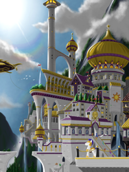 Size: 1536x2048 | Tagged: safe, artist:qzygugu, imported from derpibooru, bird, pony, airship, architecture, background pony, blimp, canterlot, cloud, detailed background, male, mountain, royal guard, scenery, scenery porn, sky, stallion, tower