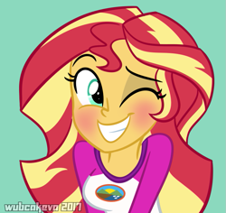 Size: 781x738 | Tagged: safe, artist:wubcakeva, imported from derpibooru, sunset shimmer, equestria girls, legend of everfree, blushing, camp everfree outfits, clothes, cute, female, one eye closed, shimmerbetes, simple background, smiling, solo, wink