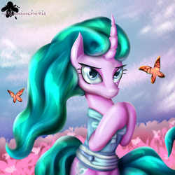 Size: 3000x3000 | Tagged: safe, artist:katakiuchi4u, imported from derpibooru, mistmane, butterfly, pony, unicorn, campfire tales, clothes, curved horn, female, mare, scenery, sitting, solo
