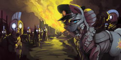 Size: 6000x3000 | Tagged: safe, artist:dimfann, imported from derpibooru, oc, oc only, earth pony, pony, fallout equestria, absurd resolution, armor, clothes, fire, glasses, wasteland