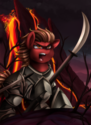 Size: 2550x3509 | Tagged: safe, artist:pridark, imported from derpibooru, oc, oc only, pony, armor, commission, fire, hoof hold, lava, open mouth, volcano, weapon