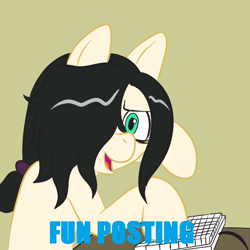Size: 576x576 | Tagged: safe, artist:scraggleman, imported from derpibooru, oc, oc only, oc:floor bored, earth pony, pony, /mlp/, 4chan, female, keyboard, looking at you, mare, ponytail, solo