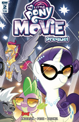 Size: 650x1000 | Tagged: safe, artist:tonyfleecs, idw, imported from derpibooru, grubber, rarity, spike, stratus skyranger, classical hippogriff, dragon, hippogriff, pony, unicorn, my little pony: the movie, spoiler:comic, spoiler:comic mlp movie prequel, comic, cover, female, glasses, jewelry, male, mare, my little pony: the movie prequel, shipping, sparity, straight