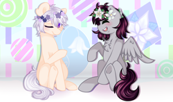 Size: 2758x1626 | Tagged: safe, artist:silvah-chan, artist:sketchyhowl, imported from derpibooru, oc, oc only, oc:garfunkel plum lilly, oc:harry, earth pony, pegasus, pony, blushing, eyes closed, female, floral head wreath, flower, male, mare, one eye closed, sitting, stallion, underhoof, wink