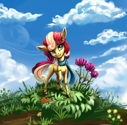 Size: 2340x2300 | Tagged: safe, artist:roadsleadme, imported from derpibooru, oc, oc only, earth pony, pony, clothes, cloud, cottagecore, cute, female, flower, gift art, grass, mare, raised hoof, scarf, sky, smiling, solo