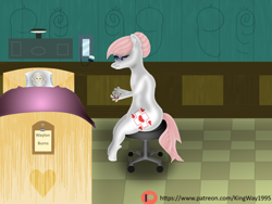 Size: 1600x1200 | Tagged: safe, artist:kingofnightmares, artist:kingway1995, deleted from derpibooru, imported from derpibooru, nurse redheart, oc, oc:waylon, anthro, bed, hospital, hospital bed, hospital room, patreon, patreon logo, sad, size difference