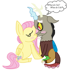 Size: 1460x1552 | Tagged: safe, artist:snoopy7c7, imported from derpibooru, discord, fluttershy, blushing, discoshy, female, kissing, male, shipping, straight