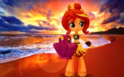 Size: 1658x1036 | Tagged: safe, edit, imported from derpibooru, sunset shimmer, equestria girls, beach, clothes, cloud, doll, equestria girls minis, handbag, irl, merchandise, ocean, outfit, photo, sand, sandals, sarong, summer sunset, sunset, swimsuit, toy, wallpaper, wrap skirt