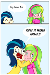 Size: 600x900 | Tagged: safe, artist:electricshine, imported from derpibooru, indigo zap, lemon zest, equestria girls, friendship games, 2 panel comic, clothes, comic, dialogue, ear piercing, earring, eyeshadow, female, headphones, jewelry, looking at each other, makeup, open mouth, piercing, simple background, smiling, white background