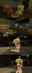 Size: 1920x4320 | Tagged: safe, artist:soad24k, imported from derpibooru, oc, oc only, oc:chipper leaf, oc:macalin, earth pony, pony, 3d, cyoa, cyoa:filly adventure, female, filly, food, gmod, pancakes