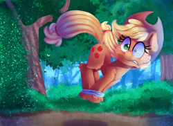 Size: 2000x1454 | Tagged: safe, artist:discorded, imported from derpibooru, applejack, earth pony, fly-der, insect, pony, campfire tales, bondage, do not want, female, forest, hogtied, mare, mismatched eyes, nope, scene interpretation, silly, silly pony, solo, swarm, this will end in pain