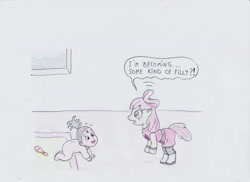 Size: 3501x2550 | Tagged: safe, artist:nadmh, imported from derpibooru, apple bloom, character to character, crying, dialogue, dragon ball, dragon ball super, human to pony, magic, pan, rattle, toy, traditional art, transformation, transformation sequence, videl