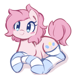 Size: 1080x1080 | Tagged: safe, artist:pinkcappachino, imported from derpibooru, pinkie pie, earth pony, pony, alternate hairstyle, blush sticker, blushing, c:, clothes, cute, diapinkes, female, looking at you, mare, prone, simple background, smiling, socks, solo, striped socks, white background