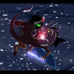 Size: 2000x2000 | Tagged: safe, artist:shimazun, imported from derpibooru, discord, king sombra, draconequus, pony, unicorn, badass, blood, coils, fangs, fight, glowing eyes, injured, magic, male, open mouth, sharp teeth, snow, snowfall, sombra eyes, stallion, teeth