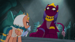 Size: 1280x720 | Tagged: safe, edit, imported from derpibooru, screencap, somnambula, sphinx (character), sphinx, daring done?, animated, butt, clothes, female, looking at each other, loop, plot, size difference, sound, webm