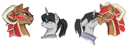 Size: 1189x437 | Tagged: safe, artist:lionel23, artist:skyheavens, artist:valkyrie-girl, editor:jdueler11, imported from derpibooru, oc, oc only, oc:roan of arc, oc:warlord coltrane, earth pony, pony, unicorn, angry, armor, commission, female, helmet, horned helmet, kissing, male, mare, oc x oc, ponytail, shipping, simple background, stallion, straight, white background
