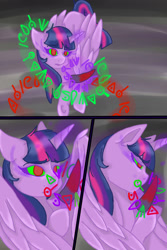 Size: 1024x1536 | Tagged: safe, artist:jeyjeymohr, imported from derpibooru, twilight sparkle, alicorn, pony, comic:crownless, colored horn, comic, curved horn, dark magic, dialogue, disembodied horn, horn, magic, magic circle, runes, severed horn, sombra eyes, sombra's horn, twilight sparkle (alicorn)