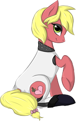 Size: 829x1316 | Tagged: safe, artist:violentdreamsofmine, imported from derpibooru, oc, oc only, oc:cherry bomb, earth pony, pony, bodysuit, clothes, female, mare, simple background, sitting, solo, transparent background