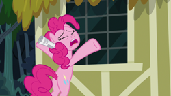 Size: 1280x720 | Tagged: safe, imported from derpibooru, screencap, pinkie pie, earth pony, pony, daring done?, butt, female, mare, newspaper, open mouth, plot, solo, underhoof