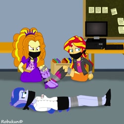 Size: 894x894 | Tagged: safe, artist:robukun, imported from derpibooru, adagio dazzle, princess luna, sunset shimmer, equestria girls, adagio dat-azzle, bondage, cloth gag, gag, help us, tape bondage, tied up, vice principal luna