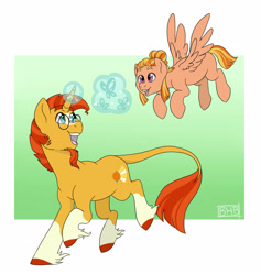 Size: 1990x2100 | Tagged: safe, artist:broohan, imported from derpibooru, sunburst, oc, oc:sunshine breeze, pegasus, pony, father and daughter, female, filly, leonine tail, magic, magical gay spawn, male, parent:sunburst, parent:zephyr breeze, parents:zephyrburst, unshorn fetlocks