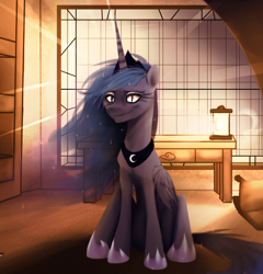 Size: 620x645 | Tagged: safe, artist:imalou, edit, imported from derpibooru, princess luna, alicorn, pony, crazy face, creepy, crepuscular rays, cropped, faic, female, mare, smiling, smug, solo, uncanny valley