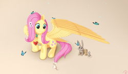 Size: 3300x1920 | Tagged: safe, artist:yunnecora, imported from derpibooru, fluttershy, bird, butterfly, chipmunk, mouse, pegasus, pony, rabbit, animal, brown background, cute, female, flower, flower in hair, kindness, looking at something, looking down, mare, raised hoof, shyabetes, simple background, sitting, smiling, spread wings, wings