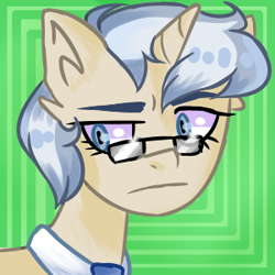 Size: 300x300 | Tagged: safe, artist:hrosy, imported from derpibooru, oc, oc only, oc:may weather, pony, unicorn, big ears, blue eyes, blue hair, female, frown, glasses, green background, messy mane, necktie, simple background, solo, yellow coat