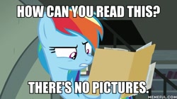 Size: 600x337 | Tagged: safe, edit, edited screencap, imported from derpibooru, screencap, rainbow dash, pegasus, pony, daring done?, beauty and the beast, dialogue, illiteracy, image macro, meme, memeful.com