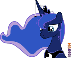 Size: 2033x1654 | Tagged: safe, artist:roger334, imported from derpibooru, princess luna, pony, spider, fedex, female, messy mane, sad, serious, serious face, simple background, solo, spider web, transparent background