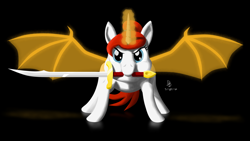 Size: 1920x1080 | Tagged: safe, artist:darkdabula, imported from derpibooru, oc, oc only, alicorn, bat pony, bat pony alicorn, unicorn, alicorn oc, black background, glowing horn, mouth hold, simple background, spread wings, sword, weapon, wings