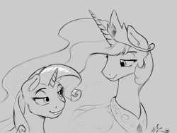 Size: 1200x900 | Tagged: safe, artist:amarynceus, imported from derpibooru, princess celestia, rarity, alicorn, pony, unicorn, bedroom eyes, duo, female, grayscale, lesbian, looking at each other, mare, monochrome, rarilestia, shipping