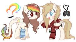Size: 1024x565 | Tagged: safe, artist:lullabyprince, deleted from derpibooru, imported from derpibooru, oc, oc only, oc:color heart, oc:giggle games, classical unicorn, pegasus, pony, unicorn, base used, clothes, cloven hooves, colored pupils, cutie mark, female, heart, hoodie, jewelry, leonine tail, mare, necklace, open mouth, simple background, smiling, transparent background
